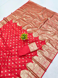 Extraordinary Red Pure Zari Weaving Banarasi Silk Saree With Delectable Blouse Piece