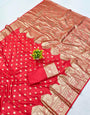Extraordinary Red Pure Zari Weaving Banarasi Silk Saree With Delectable Blouse Piece