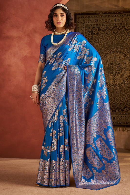 Pleasant Blue Pure Zari Weaving Banarasi Silk Saree With Ethnic Blouse Piece