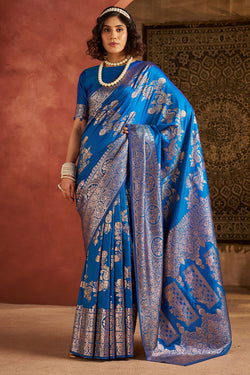 Pleasant Blue Pure Zari Weaving Banarasi Silk Saree With Ethnic Blouse Piece
