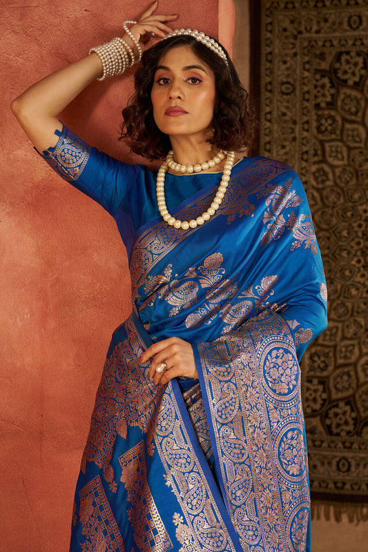 Pleasant Blue Pure Zari Weaving Banarasi Silk Saree With Ethnic Blouse Piece