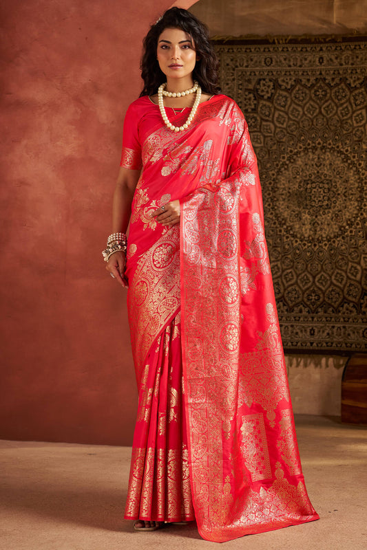 Exceptional Dark Pink Pure Zari Weaving Banarasi Silk Saree With Exemplary Blouse Piece