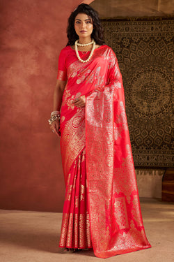 Exceptional Dark Pink Pure Zari Weaving Banarasi Silk Saree With Exemplary Blouse Piece