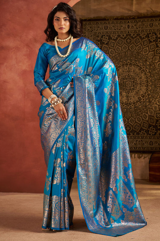 Gorgeous Firozi Pure Zari Weaving Banarasi Silk Saree With Divine Blouse Piece