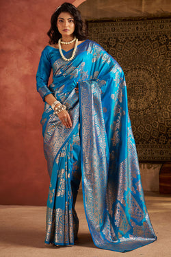 Gorgeous Firozi Pure Zari Weaving Banarasi Silk Saree With Divine Blouse Piece