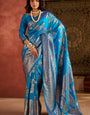 Gorgeous Firozi Pure Zari Weaving Banarasi Silk Saree With Divine Blouse Piece