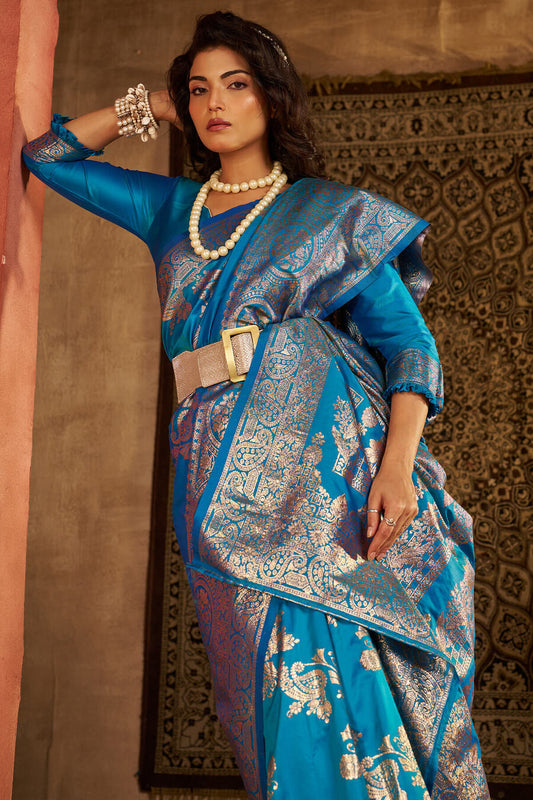 Gorgeous Firozi Pure Zari Weaving Banarasi Silk Saree With Divine Blouse Piece