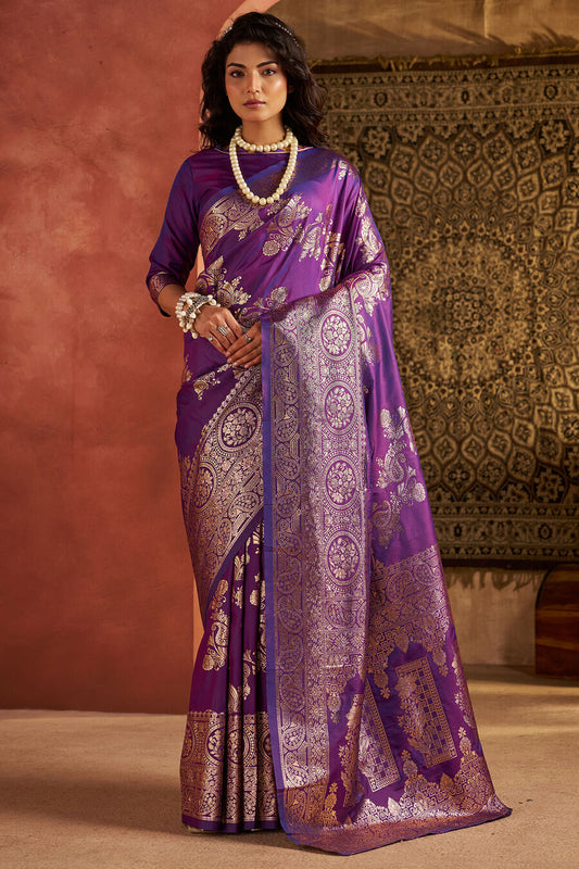 Ideal Purple Pure Zari Weaving Banarasi Silk Saree With Exquisite Blouse Piece