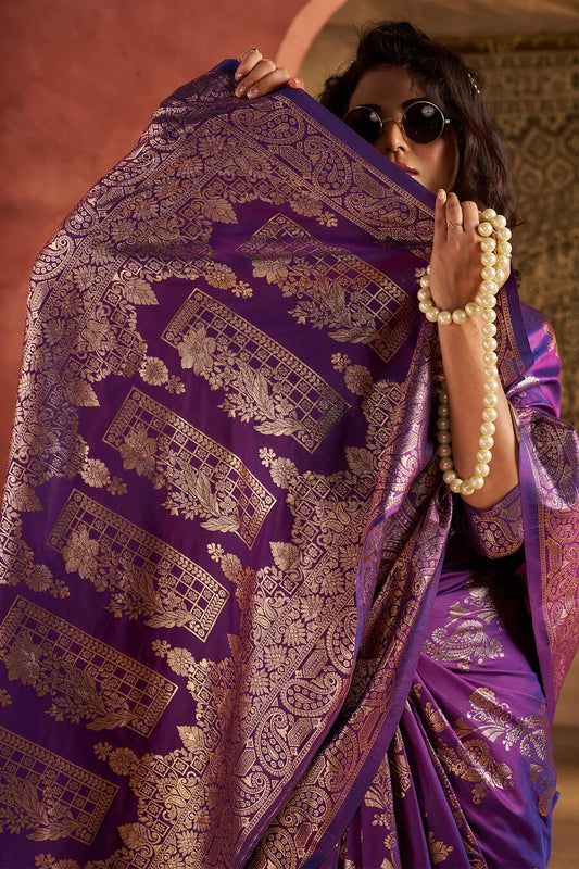 Ideal Purple Pure Zari Weaving Banarasi Silk Saree With Exquisite Blouse Piece