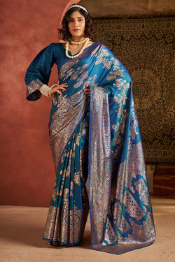 Sumptuous Rama Pure Zari Weaving Banarasi Silk Saree With Delightful Blouse Piece
