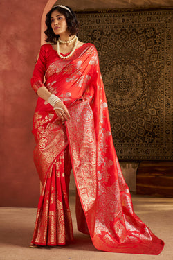 Opulent Red Pure Zari Weaving Banarasi Silk Saree With Redolent Blouse Piece