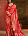 Opulent Red Pure Zari Weaving Banarasi Silk Saree With Redolent Blouse Piece