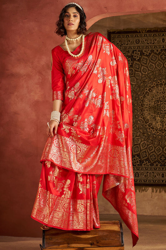 Opulent Red Pure Zari Weaving Banarasi Silk Saree With Redolent Blouse Piece