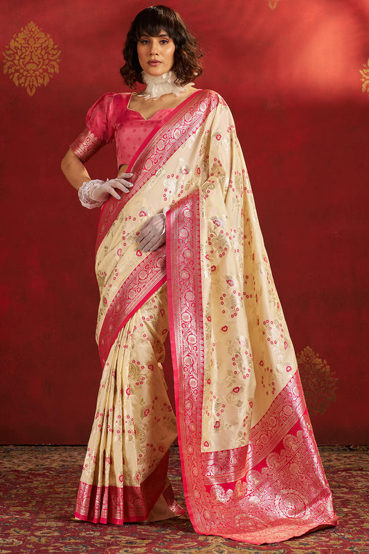 Lagniappe Beige Pure Zari Weaving Banarasi Silk Saree With Staggering Blouse Piece