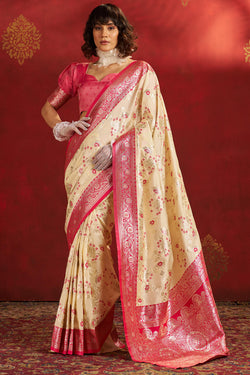 Lagniappe Beige Pure Zari Weaving Banarasi Silk Saree With Staggering Blouse Piece