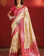 Lagniappe Beige Pure Zari Weaving Banarasi Silk Saree With Staggering Blouse Piece