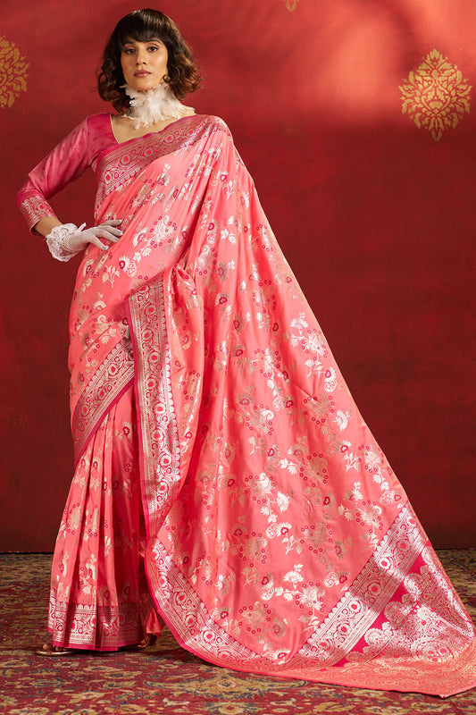 Scintilla Pink Pure Zari Weaving Banarasi Silk Saree With Nectarous Blouse Piece