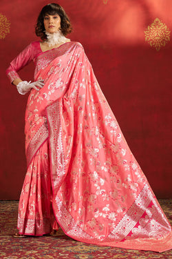 Scintilla Pink Pure Zari Weaving Banarasi Silk Saree With Nectarous Blouse Piece