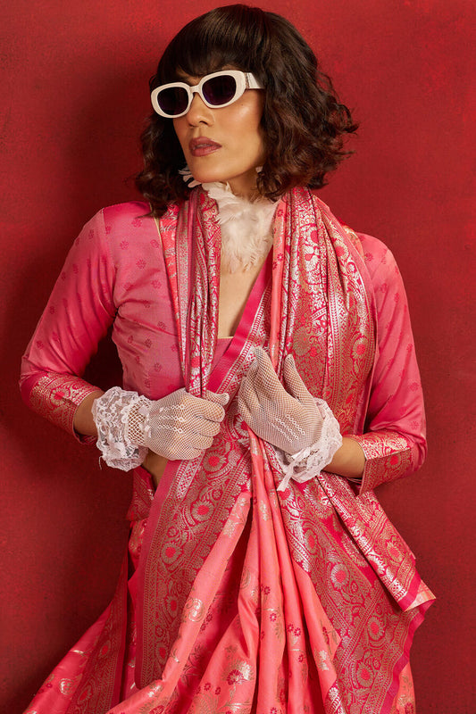 Scintilla Pink Pure Zari Weaving Banarasi Silk Saree With Nectarous Blouse Piece