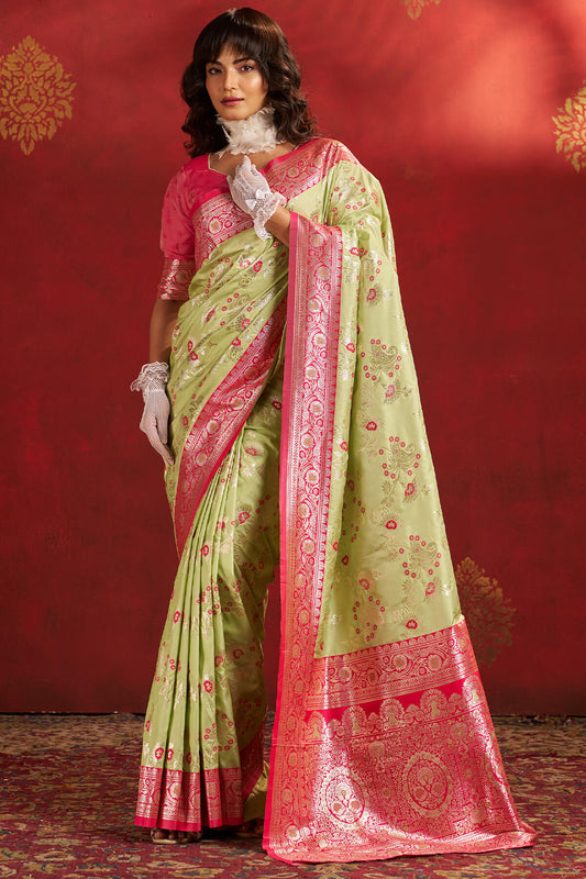 Groovy Pista Pure Zari Weaving Banarasi Silk Saree With Verdant Blouse Piece