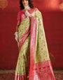 Groovy Pista Pure Zari Weaving Banarasi Silk Saree With Verdant Blouse Piece