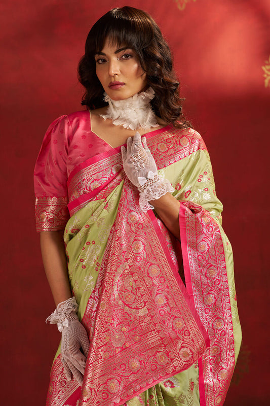Groovy Pista Pure Zari Weaving Banarasi Silk Saree With Verdant Blouse Piece