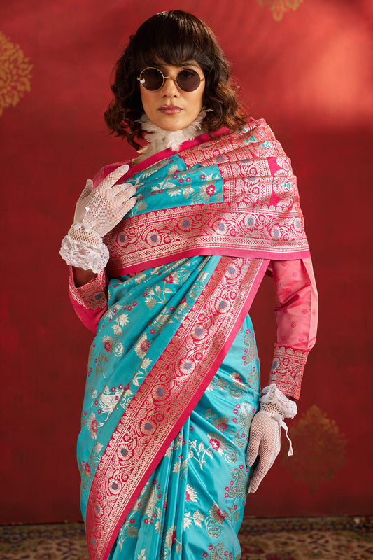 Transcendent Turquoise Pure Zari Weaving Banarasi Silk Saree With Jazzy Blouse Piece