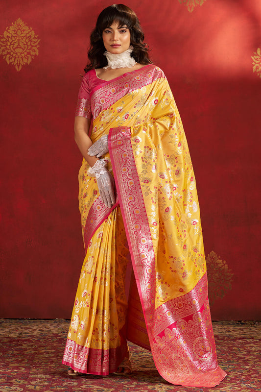 Enamoring Yellow Pure Zari Weaving Banarasi Silk Saree With Vestigial Blouse Piece