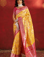 Enamoring Yellow Pure Zari Weaving Banarasi Silk Saree With Vestigial Blouse Piece