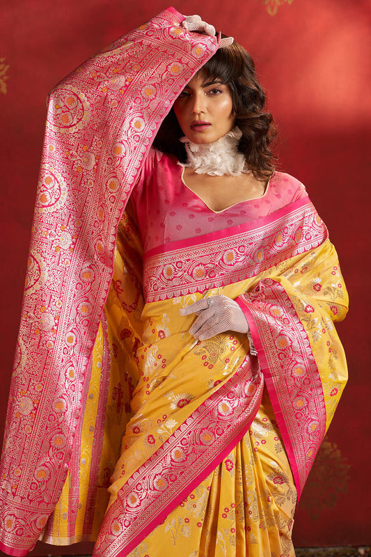 Enamoring Yellow Pure Zari Weaving Banarasi Silk Saree With Vestigial Blouse Piece