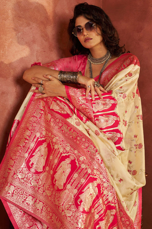 Cynosure Beige Pure Zari Weaving Banarasi Silk Saree With Luxuriant Blouse Piece