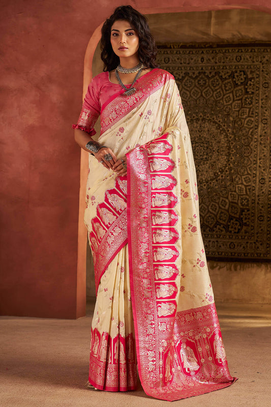 Cynosure Beige Pure Zari Weaving Banarasi Silk Saree With Luxuriant Blouse Piece