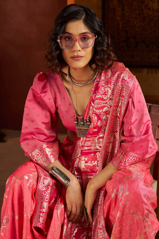 Elision Pink Pure Zari Weaving Banarasi Silk Saree With Desiring Blouse Piece