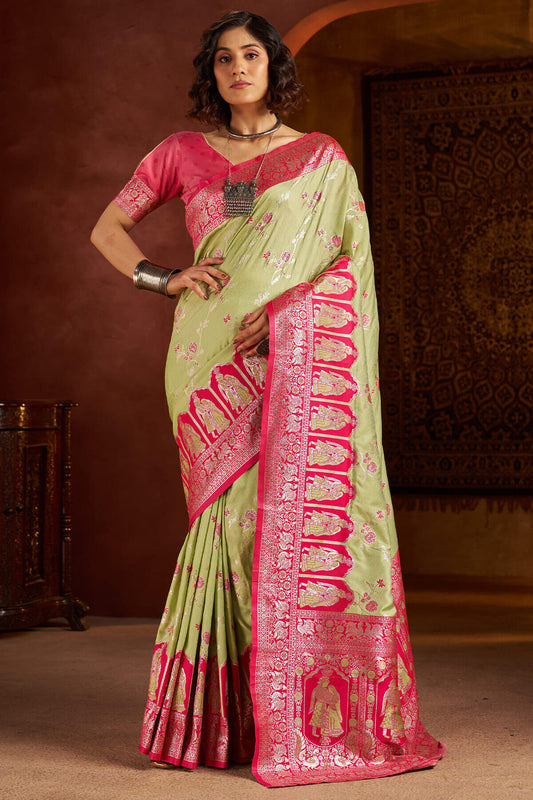 Luminous Pista Pure Zari Weaving Banarasi Silk Saree With Embrocation Blouse Piece