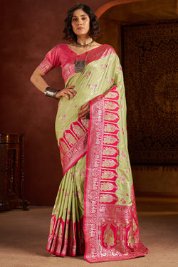 Luminous Pista Pure Zari Weaving Banarasi Silk Saree With Embrocation Blouse Piece