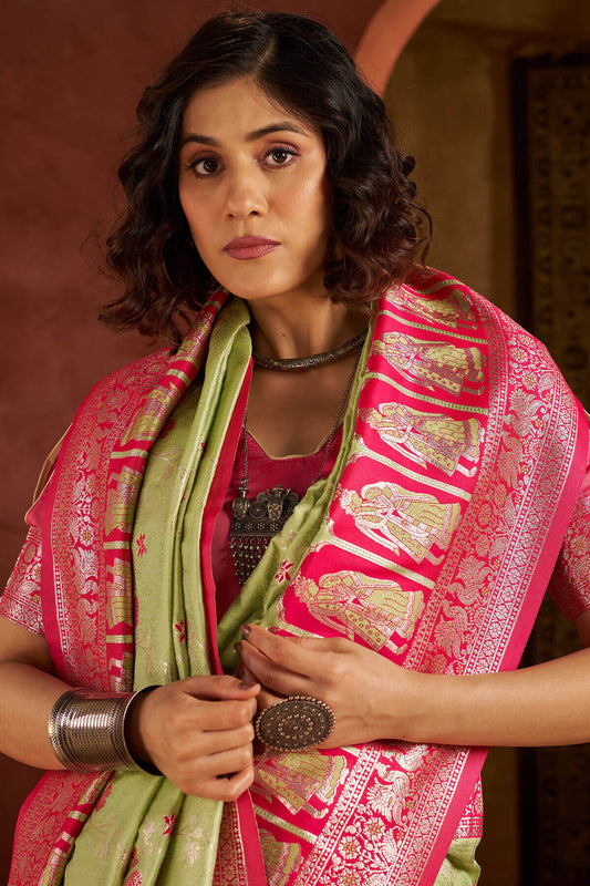 Luminous Pista Pure Zari Weaving Banarasi Silk Saree With Embrocation Blouse Piece