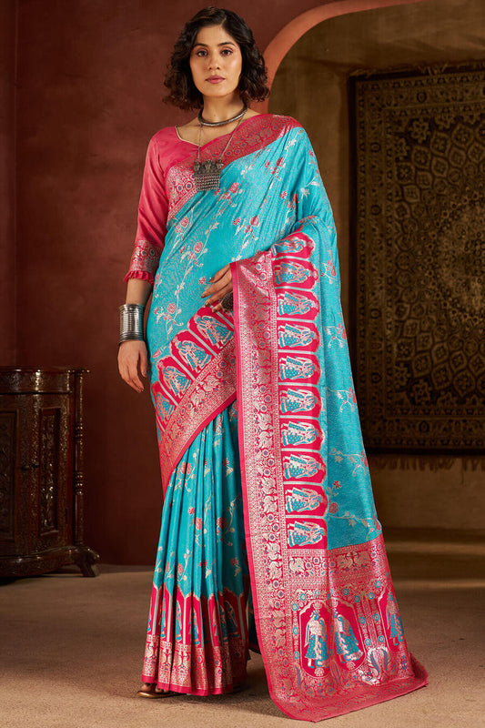 Gossamer Turquoise Pure Zari Weaving Banarasi Silk Saree With Prettiest Blouse Piece