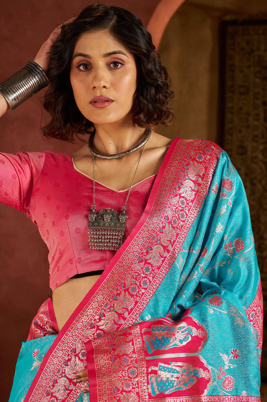 Gossamer Turquoise Pure Zari Weaving Banarasi Silk Saree With Prettiest Blouse Piece