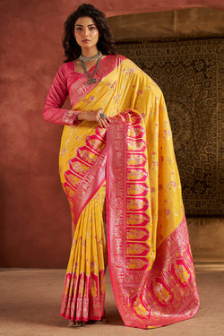 Pleasurable Yellow Pure Zari Weaving Banarasi Silk Saree With Classy Blouse Piece