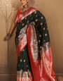 Pretty Dark Green Pure Zari Weaving Banarasi Silk Saree With Quintessential Blouse Piece