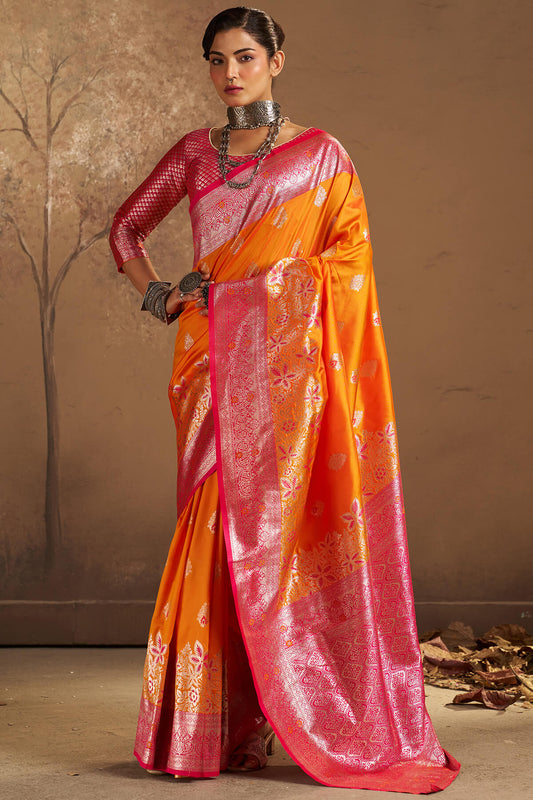 Diaphanous Orange Pure Zari Weaving Banarasi Silk Saree With Engaging Blouse Piece