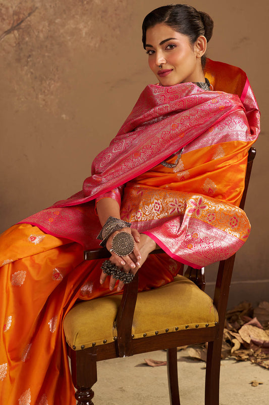 Diaphanous Orange Pure Zari Weaving Banarasi Silk Saree With Engaging Blouse Piece