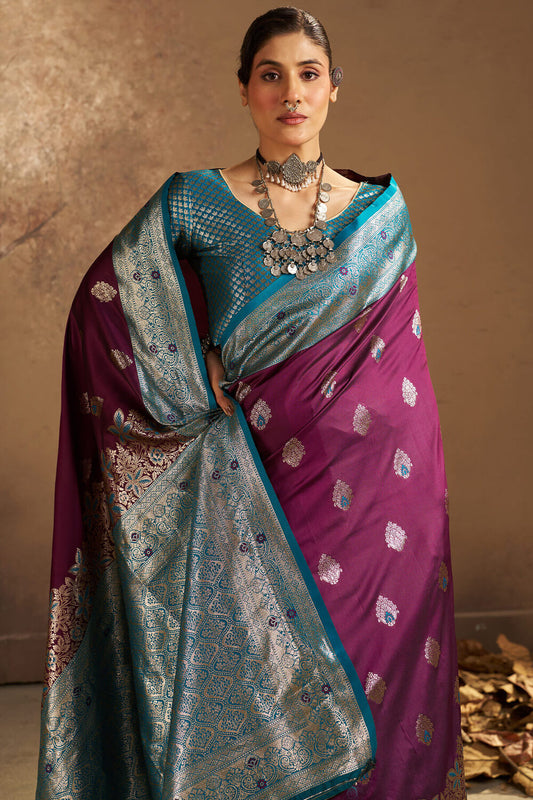 Glamorous Purple Pure Zari Weaving Banarasi Silk Saree With Desultory Blouse Piece