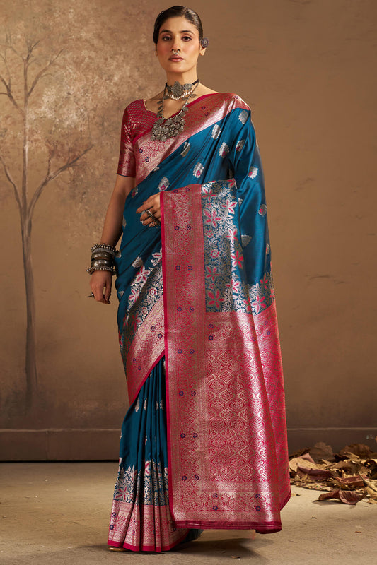Beautiful Rama Pure Zari Weaving Banarasi Silk Saree With Woebegone Blouse Piece