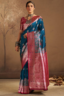 Beautiful Rama Pure Zari Weaving Banarasi Silk Saree With Woebegone Blouse Piece