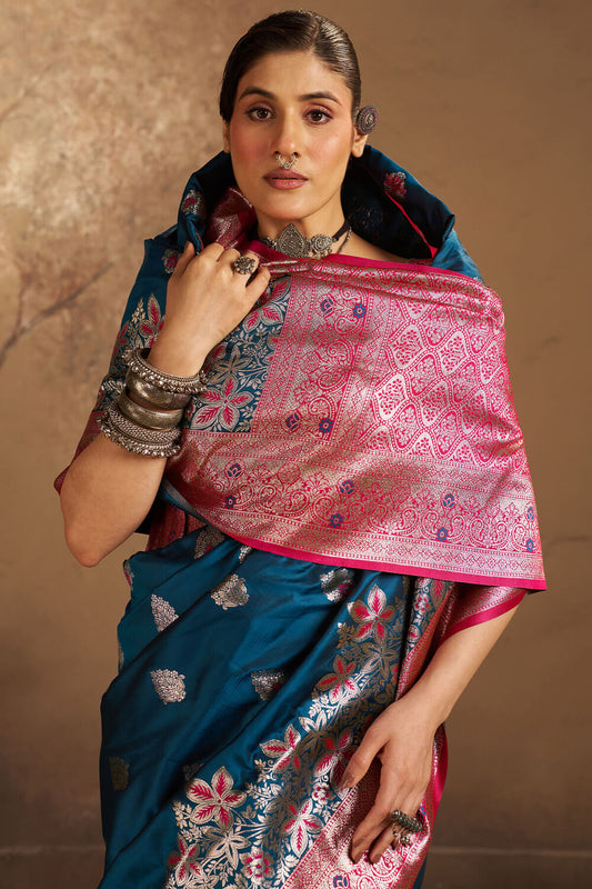 Beautiful Rama Pure Zari Weaving Banarasi Silk Saree With Woebegone Blouse Piece