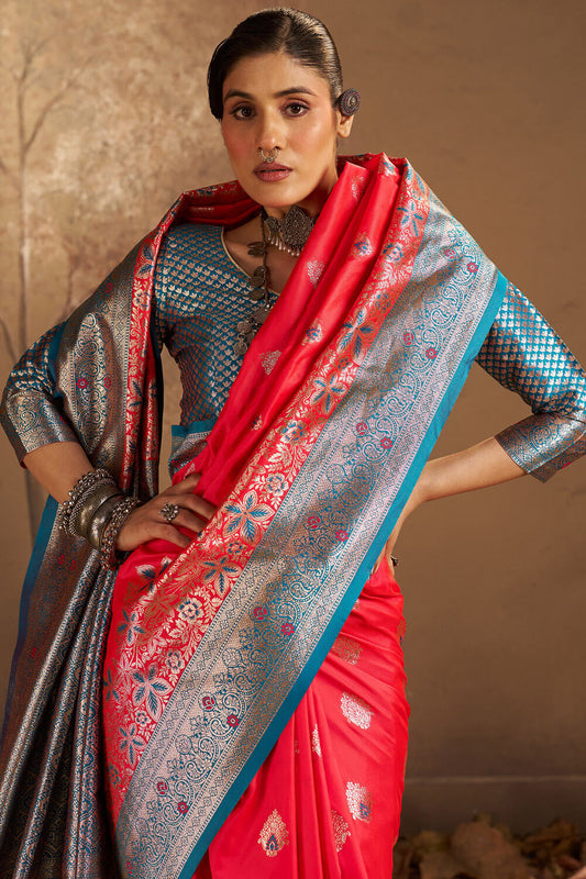 Flameboyant Red Pure Zari Weaving Banarasi Silk Saree With Lovely Blouse Piece