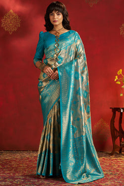 Denouement Firozi Kanjivaram Silk Saree With Twirling Blouse Piece