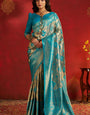 Denouement Firozi Kanjivaram Silk Saree With Twirling Blouse Piece