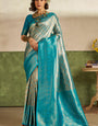 Ethereal Firozi Kanjivaram Silk Saree With Elegant Blouse Piece